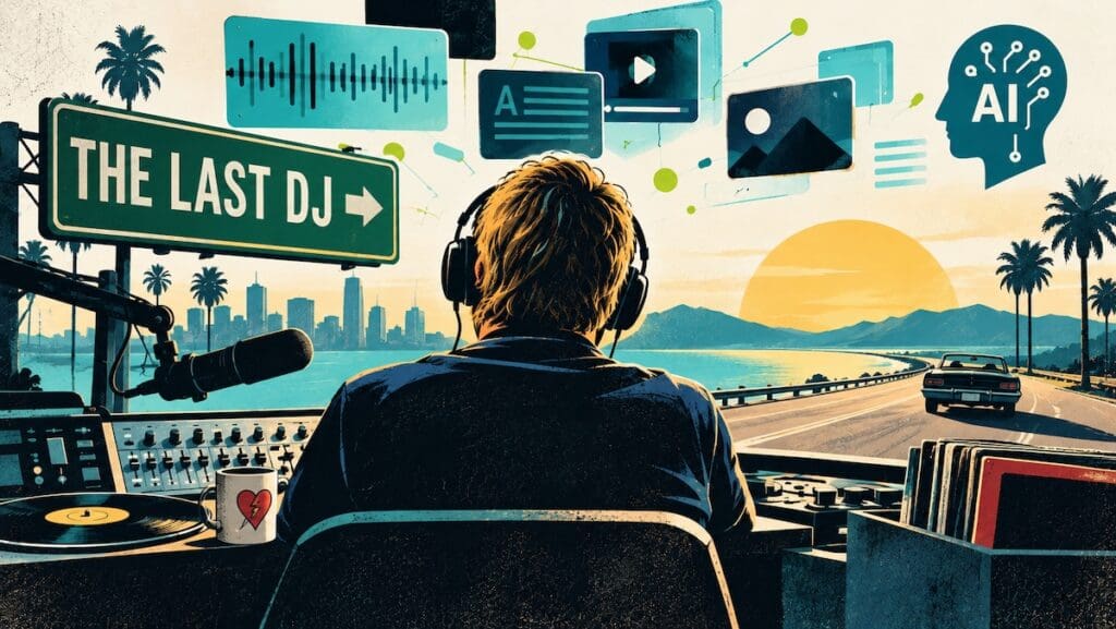 Illustration of a radio DJ surrounded by vinyl records, broadcasting equipment and AI imagery, inspired by Tom Petty’s The Last DJ.
