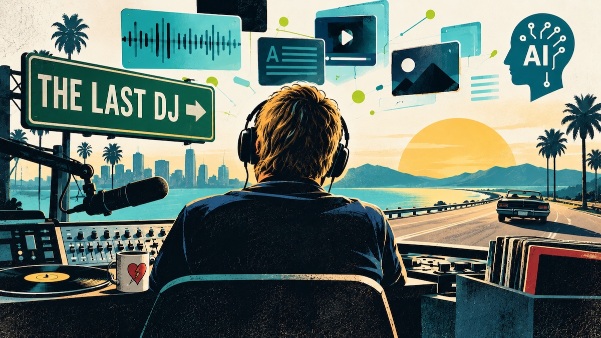 Illustration of a radio DJ surrounded by vinyl records, broadcasting equipment and AI imagery, inspired by Tom Petty’s The Last DJ.
