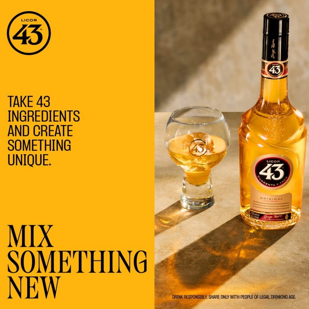 Licor 43 social ad with a bottle and glass beside the headline "Mix Something New"