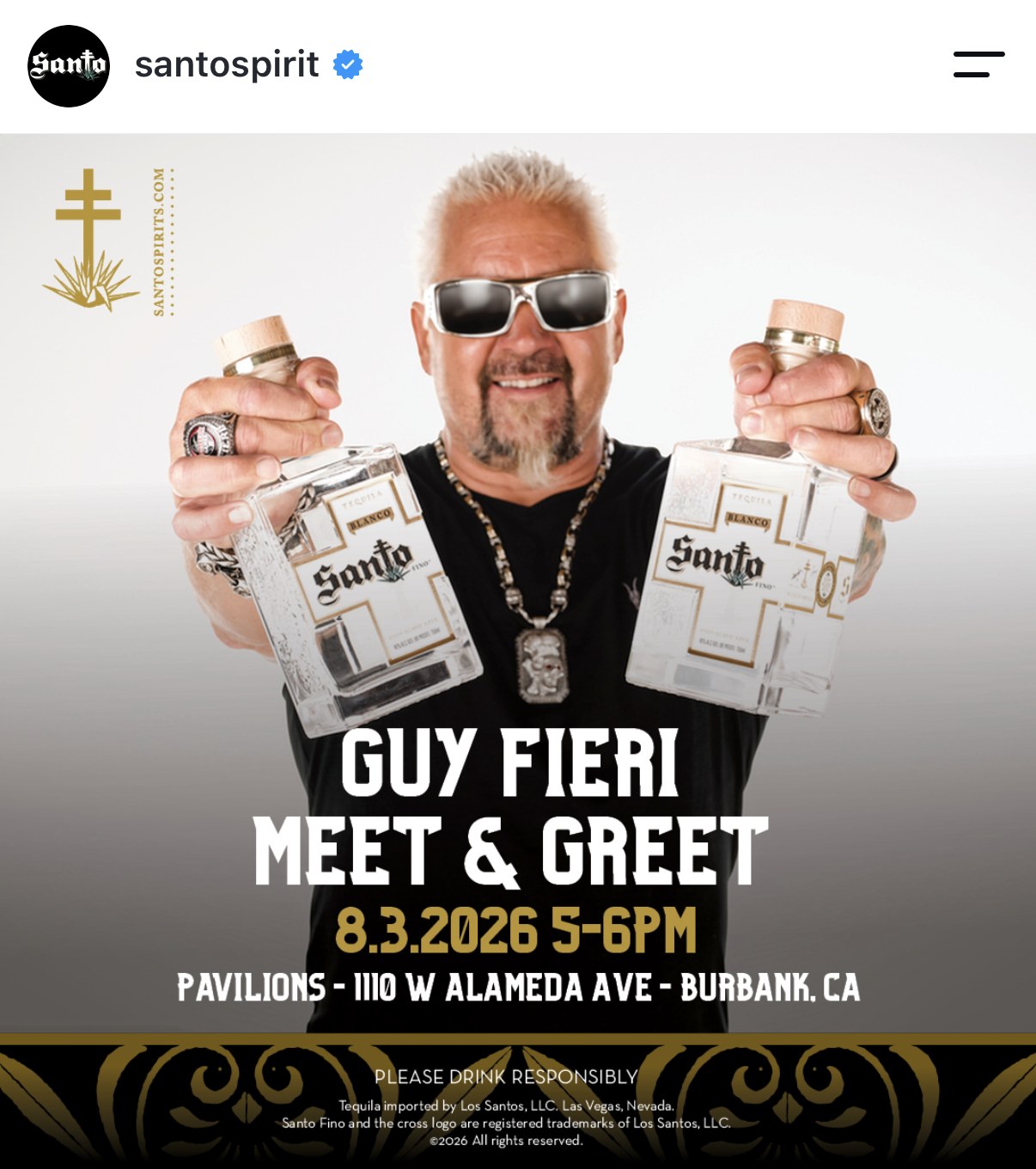 Santo Fino Instagram post announcing a Guy Fieri meet and greet at Pavilions in Burbank, with two Blanco tequila bottles