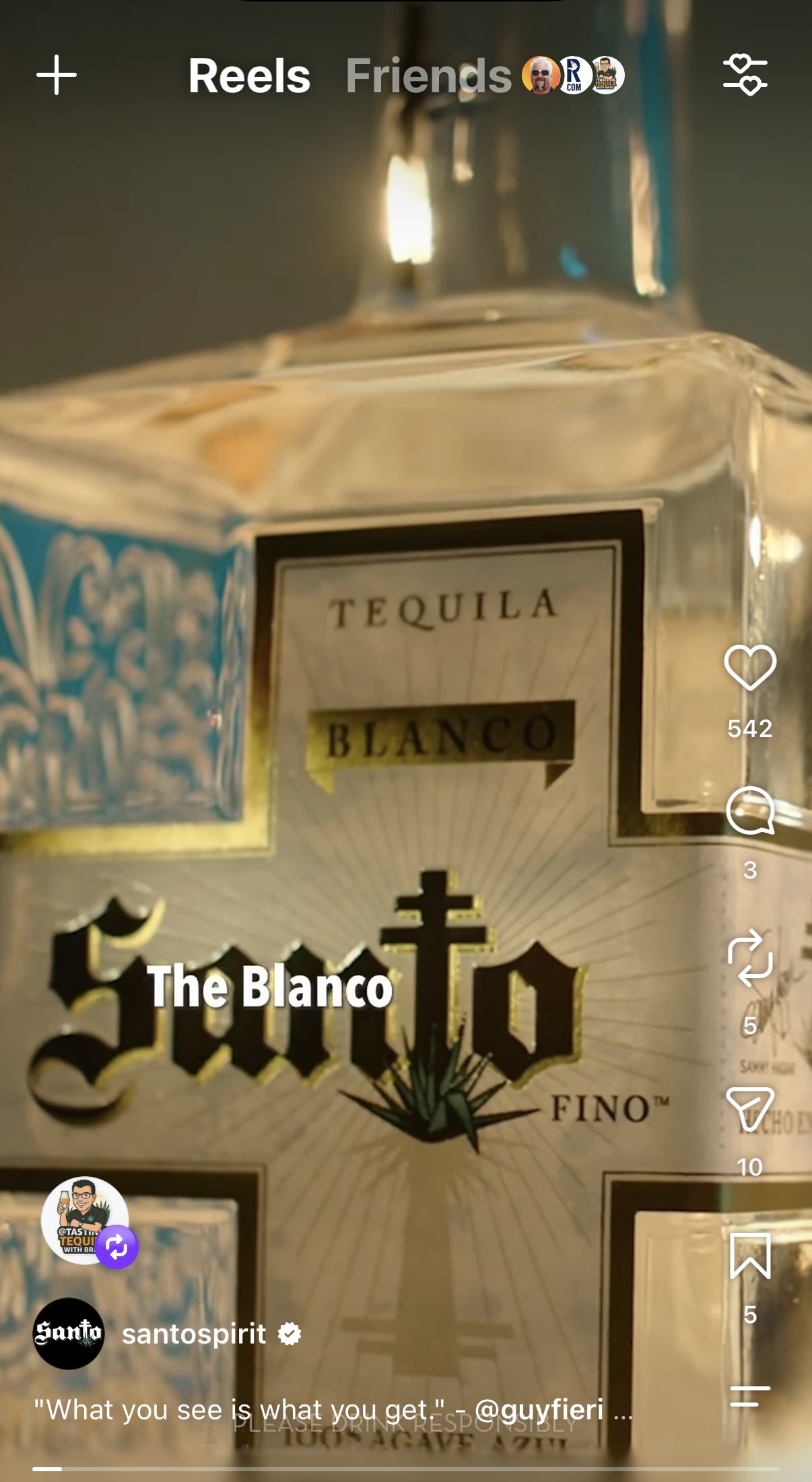 Santo Spirits Instagram Reel frame showing a Santo Blanco bottle with the caption "The Blanco"