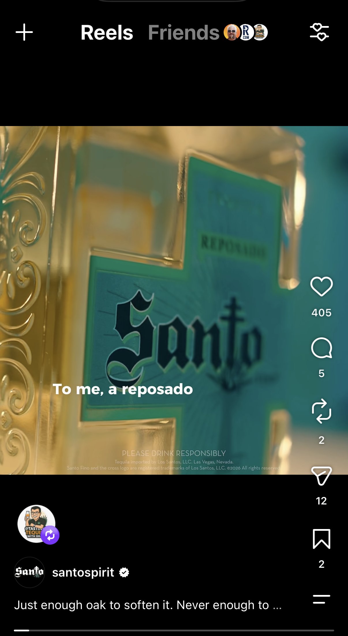 Santo Spirits Instagram Reel frame showing a Santo Reposado bottle with the caption "To me, a reposado"